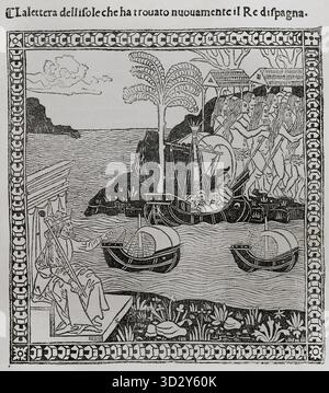 Christoph Kolumbus (1451-1506). Navigator, Kartograf und Admiral. Er diente der Krone von Kastilien. Entdecker von Amerika im Jahr 1492. Faksimile einer Illustration aus einem der Briefe von 1493, in der die Entdeckung der Indischen Inseln angekündigt wird, eine italienische Version, die in Florenz gedruckt wurde. Landfall der Expedition unter der Leitung von Columbus, der am Bug seines Schiffes Santa María dargestellt ist. Ferdinand II., König von Spanien, zeigt über den Atlantik zu dem Ort, an dem Columbus mit drei Schiffen unter einer großen Gruppe indigener Völker an Bord geht. Gravur. Amerika. Die Geschichte ihrer Entdeckung von Primitive Stockfoto