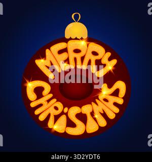 Leuchtend rote Weihnachtskugel mit goldenem Merry Christmas-Schriftzug und funkelnden Glitzern auf dunkelblauem Hintergrund. Festliche Grußkarte. Stock Vektor
