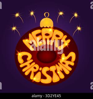 Rote Weihnachtskugel mit leuchtendem Merry Christmas Schriftzug und goldenen Glitzern auf dunklem violettem Hintergrund. Vektorabbildung. Stock Vektor