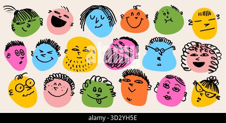 Buntes Doodle-Gesicht-Set mit handgezeichneter Buntstift-Textur. Lustige Emoji-Ikonen und verschiedene Ausdrücke von Menschen im Sketch-Vektor-Stil. Ideal für Aufkleber Stock Vektor