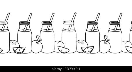 Frucht Smoothies nahtloser Rand, Muster. Apfel, Pfirsich, Orange. Detox-Cocktails in der Flasche mit Strohhalm. Gesunde Getränk Vektor-Illustration in Doodle Stock Vektor