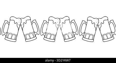 Nahtloser Bierrand, Muster. Toasten voller Bierbecher mit Schaum. Hand gezeichnete Schwarz-weiß-Grafik Vektor-Illustration im Doodle-Stil. Für St Stock Vektor
