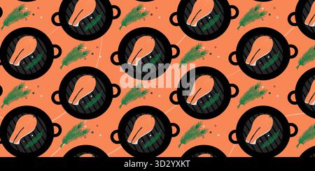 Lachssteak mit Pfefferhörnern und Rosmarinzweigen nahtloses Muster Banner Format gesunde Ernährung Fond. Isolierte Vektor-Illustration für Lebensmittel Poster oder Rezept Menü Karten Hintergrund Banner, Broschüre, Etiketten Stock Vektor
