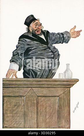 Ich glaube, das ist ein antisemitisches Propagandabild der 1930er Jahre, das einen jüdischen Mann (Anwalt) darstellt, der seinen Fall argumentiert, Postkarte aus der Zeit der 1930er Jahre. Nicht identifizierter Künstler Stockfoto
