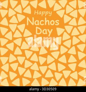 Handgezeichneter dekorativer Happy Nachos Day Text gegen Nacho Chips auf trendigem Orange. Quadratisches Mexikanisches Weihnachtsbroschüren-Design. Vektorillustration für Grußkarten, Vorlage für Social Media-Beiträge Stock Vektor