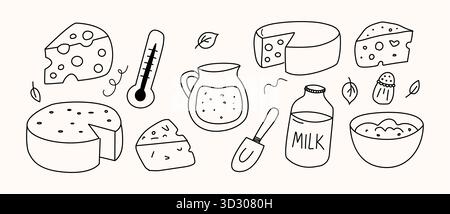 Handgezogenes Käseherstellungsset. Illustration der Milchprodukte-Linie. Minimalistischer Schwarzweiß-Käse-Clipart Stock Vektor