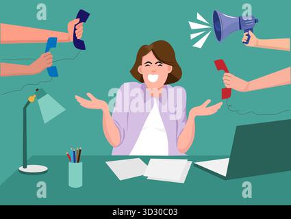 Frau, die in einem Büro an einem Schreibtisch arbeitet, mit einer menschlichen Hand, die eine Kundentelefonleitung und ein Megaphon für den Arbeitsauftrag hält. Macht sie sehr gestresst. Vektor i Stock Vektor