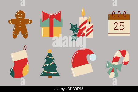 Handgezeichnete flache Weihnachtssymbole mit Geschenken, Keksen, Kerzen und Weihnachtsdekoration. Vektor-isolierte Abbildung. Stock Vektor