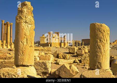 Blick auf den Triumphbogen und die große Kolonnade in der antiken Oasenstadt Palmyra (Tadmor), eingerahmt von gebrochenen Säulen und Wüstenruinen. Stockfoto