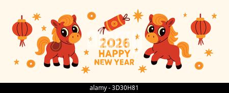 Niedliche Zeichentrickpferde für Chinesisches Neujahr, Jahr des Pferdes, Happy New Year Illustration Stock Vektor