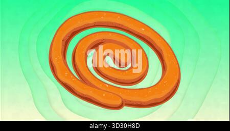 Schwimmende dicke orangefarbene Spiralröhre, die Spule gegen mintgrünen Verlauf bildet, mit gesprenkelter Textur. Abstrakt, geometrisch, lebendig, modern, minimalistisch, Stockfoto