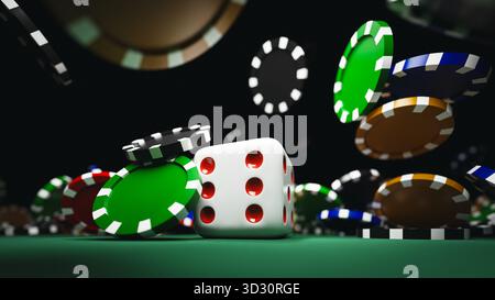 Würfel und fallende Poker Chips auf grünem Tisch mit schwarzem Hintergrund. 3D-Rendering Stockfoto