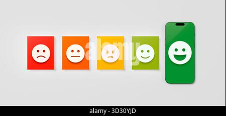Bewertung der Kundenzufriedenheit mit Emojis Gesicht und Mobiltelefon. Ausgezeichnetes Feedback und Service-Erlebnis auf dem Smartphone-Bildschirm. Stockfoto
