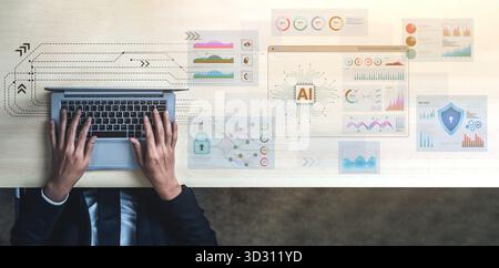 Eine Plattform für künstliche Intelligenz für Business Intelligence. Das Dashboard zeigt erweiterte Datenanalysen, Prognosemodelle und Sicherheitsmonitori an Stockfoto
