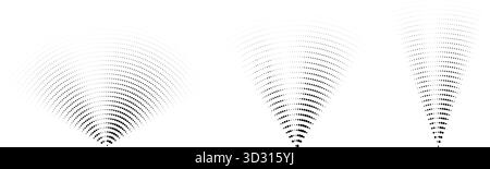 Gepunktete Schallwellen-Signaleinstellung. Radialradio oder Musiksymbole. Gekräuseltes Radar-Vibrationselement-Schildbündel. Schwarz gestrichelte, gekrümmte Impulspackung. Verblichene Echos-Symbole für Schallwellen. Vektor Stock Vektor