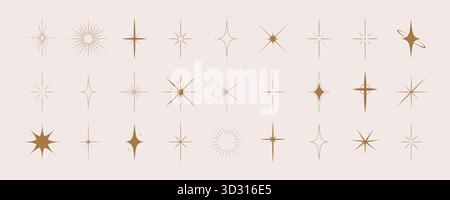 Sparkle Stars Kollektion. Elegante Sternformen. Leuchtende Symbole. Boho-Vektor-Illustration isoliert auf beigefarbenem Hintergrund Stock Vektor