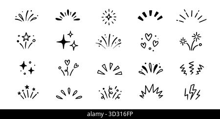 Element Set für Line Surprise-Symbol. Von Hand gezeichnete Sonnenstrahlen, glitzernde Comic-Stars und verspielte Überraschungsstrahlen mit komischen Starburst- und skurrilen Sonnenschein-Comic-Elementen. Vektorabbildung Stock Vektor