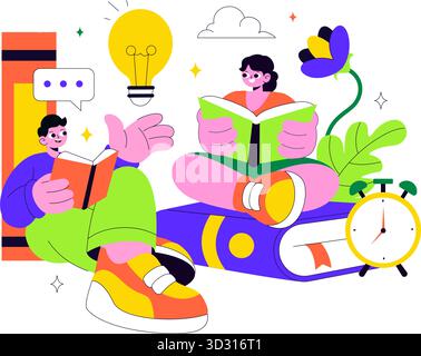 Buch Woche Veranstaltungen Vektor Illustration mit Menschen lesen und Studenten lernen Lehrbücher für Alphabetisierung in einem flachen Stil Cartoon Hintergrund Stock Vektor