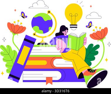 Buch Woche Veranstaltungen Vektor Illustration mit Menschen lesen und Studenten lernen Lehrbücher für Alphabetisierung in einem flachen Stil Cartoon Hintergrund Stock Vektor