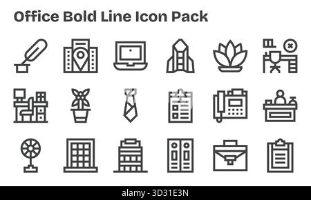 Eine übersichtliche Sammlung von 18 Bold Line Symbolen für Office, die für moderne Dashboards und Schnittstellen entwickelt wurden. Stock Vektor