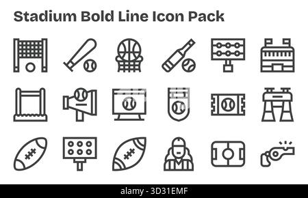 Ein vielseitiger Satz von 18 Bold Line Vektorsymbolen mit Fokus auf Stadium, ideal für mobile Anwendungen und Web-Anwendungen. Stock Vektor