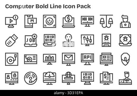 Entdecken Sie ein Set von 28 Symbolen mit extra fetten Linien, die speziell für das Computerdesign entwickelt wurden und sich ideal für moderne UI/UX-Projekte eignen. Stock Vektor