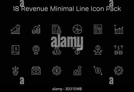 Diese Kollektion bietet 18 Symbole im minimalen Line-Stil, die speziell auf das Thema „Einnahmen“ zugeschnitten sind und sich hervorragend für digitales Design eignen. Stock Vektor