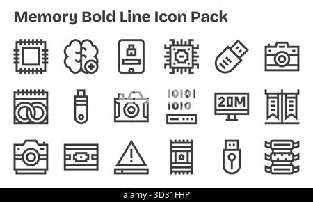 Ein vielseitiger Satz von 18 Vektorsymbolen mit Schwerpunkt auf Speicher, ideal für mobile Anwendungen und Webanwendungen. Stock Vektor