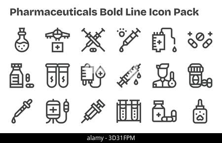 Entdecken Sie ein Set von 18 Bold Line Symbolen, die speziell für das Thema Pharma entwickelt wurden und sich ideal für moderne UI/UX-Projekte eignen. Stock Vektor