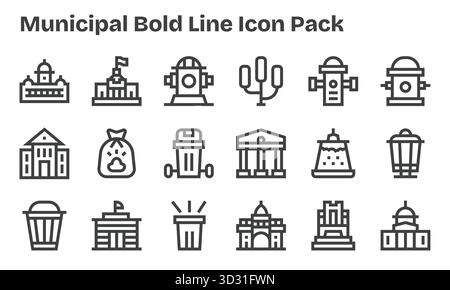Kollektion von 18 Vektorsymbolen im Bold Line-Stil für Municipal, entwickelt für Klarheit und Vielseitigkeit. Stock Vektor