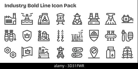 Sammlung von 24 fett formatierten Vektorsymbolen für die Industrie, entwickelt für Klarheit und Vielseitigkeit. Stock Vektor