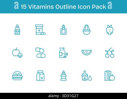 Ein vielseitiges Set aus 15 Vektorsymbolen für die Konturierung von Vitaminen, ideal für mobile und Web-Anwendungen. Stock Vektor