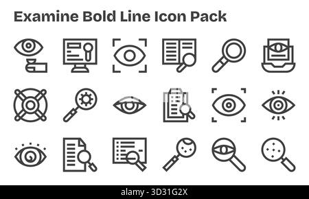Eine übersichtliche Sammlung von 18 Symbolen mit fettgedruckten Linien, die Examination darstellen und für moderne Dashboards und Schnittstellen entwickelt wurden. Stock Vektor