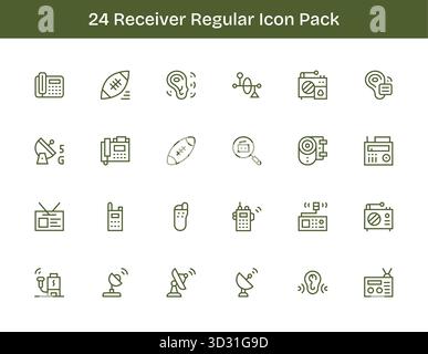 Ein vielseitiger Satz von 24 Vektorsymbolen mit normaler Kontur, die sich auf Empfänger konzentrieren, ideal für mobile und Web-Anwendungen. Stock Vektor