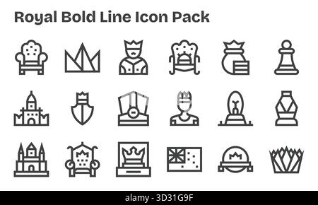 Kuratiertes Paket mit 18 Vektorsymbolen im Bold Line Design, das sich um Royal Concepts dreht. Stock Vektor