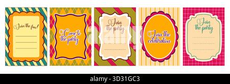 Einladungsvorlagen mit wellenförmigen ovalen und rechteckigen Rahmen und dekorativen Rahmen auf gemusterten Hintergründen. Partykarten mit Einladungstexten für benutzerdefinierte Nachrichten oder Veranstaltungsdetails. Stock Vektor