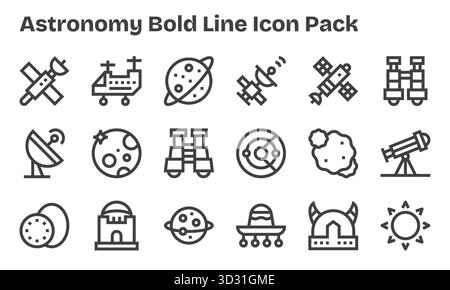 Sammlung von 18 Vektorsymbolen im Bold Line-Stil für Astronomie, entwickelt für Klarheit und Vielseitigkeit. Stock Vektor