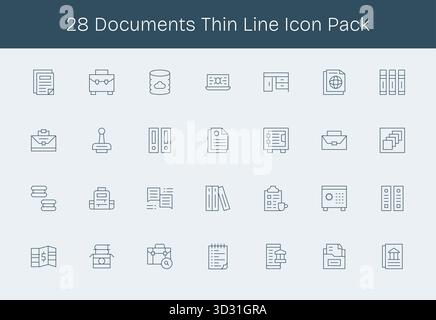 Entdecken Sie 28 von Dokumenten inspirierte Vektorsymbole im Thin Line-Stil. Perfekt für Web- und App-Schnittstellen. Stock Vektor