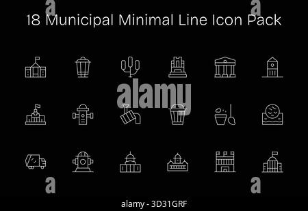 Professionell gestaltete 18 Symbole im Minimal Line-Stil, die das Wesen von Municipal für UI-Design widerspiegeln. Stock Vektor