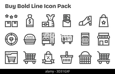 Professionell gestaltete 18 Icons im Bold Line-Stil, die das Wesen von Buy for UI-Design widerspiegeln. Stock Vektor