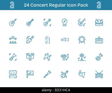 Sammlung von 24 Vektorsymbolen im regulären Outline-Stil für Concert, die für Klarheit und Vielseitigkeit entwickelt wurden. Stock Vektor