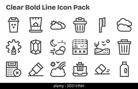 Entdecken Sie ein Set von 18 Bold Line Symbolen, die für das klare Design entwickelt wurden und ideal für moderne UI/UX-Projekte geeignet sind. Stock Vektor