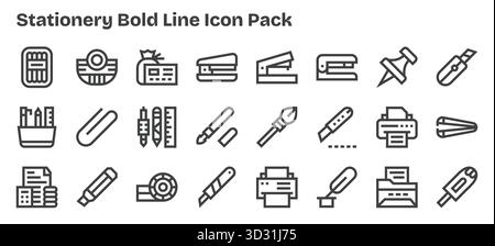 Kuratiertes Paket mit 24 Vektorsymbolen in fettgedrucktem Outline-Design, das sich um die Konzepte von Schreibwaren dreht. Stock Vektor