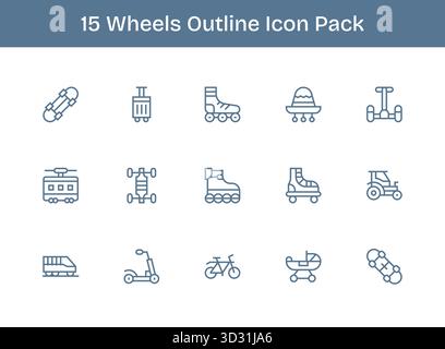 Ein dynamisches Set aus 15 Symbolen im Outline-Stil, speziell für Räder und für digitale Produkte. Stock Vektor