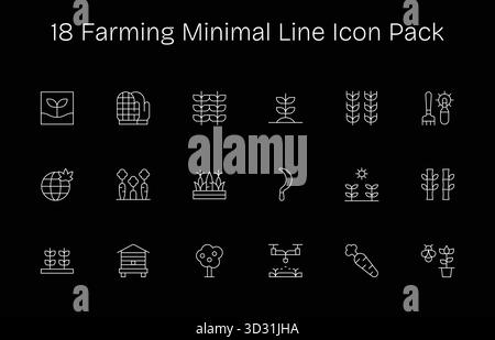 Kuratiertes Paket mit 18 Vektorsymbolen im Minimal Line Design, das sich um landwirtschaftliche Konzepte dreht. Stock Vektor