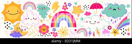 Niedliche bunte Wettersymbole auf weißem Hintergrund. Vektor-Karikaturillustration der kawaii-Stil Sonne, Wolke, Mond Zeichen mit Gesichtern, bunter Doodle Regenbogen, Blume, Regen, Blitz, Tornado, Regenschirm Stock Vektor