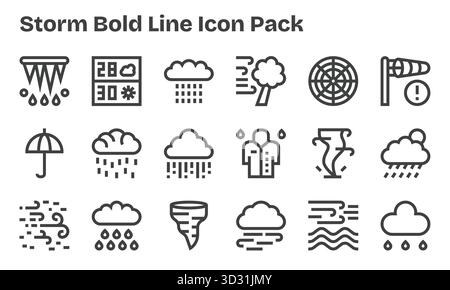 Ein vielseitiger Satz von 18 Vektorsymbolen mit Schwerpunkt auf Storm, ideal für mobile Anwendungen und Webanwendungen. Stock Vektor