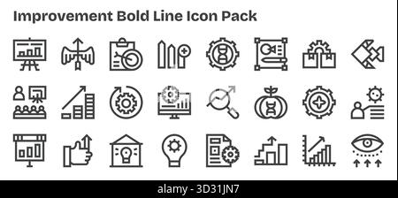 Ein vielseitiger Satz von 24 fett formatierten Vektorsymbolen, die auf Verbesserungen ausgerichtet sind, ideal für mobile und Web-Anwendungen. Stock Vektor