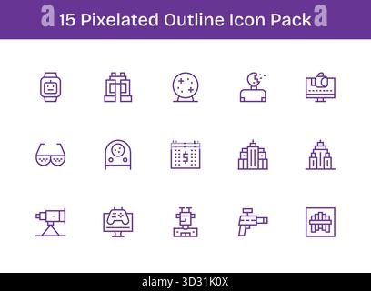 Set aus 15 Symbolen im Outline-Stil, die sich um pixelig drehen und für die nahtlose Integration in Apps und Websites konzipiert sind. Stock Vektor