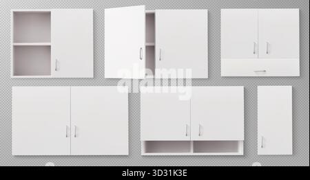 Realistische 3D weiße Küchenschrank Möbel Set isoliert auf transparentem Hintergrund. Wandschrank mit Regalen, geschlossene und offene Türen, Metallgriffe für Innendesign-Modelle. Stock Vektor